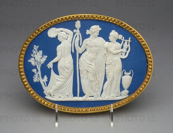 Plaque with Bacchus and Two Bacchantes, c. 1789, Wedgwood Manufactory, England, founded 1759, Burslem, Stoneware (jasperware), 17 × 22.4 cm (6 11/16 × 8 13/16 in.)