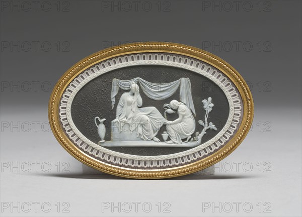 Friendship Consoling Affliction, 1785/90, Wedgwood Manufactory, England, founded 1759, Etruria, Staffordshire, England, Burslem, Stoneware (jasperware), gilt metal frame, 12.9 × 8.6 × 0.8 cm (5 1/16 × 3 3/8 × 5/16 in.)