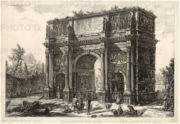 View of the Arch of Constantine, from Views of Rome, 1771, published 1800–07, Giovanni Battista Piranesi (Italian, 1720-1778), published by Francesco (Italian, 1758-1810) and Pietro Piranesi (Italian, born 1758/9), Italy, Etching on heavy ivory laid paper, 471 x 706 mm (image), 480 x 715 mm (plate), 511 x 743 mm (sheet)