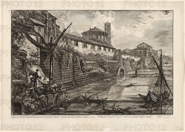 View of the ancient structure built by Tarquinius Superbus called the Bel Lido, and like others, built by Marcus Agrippa in the time of Augustus when he cleaned all of the sewers leading to the Tiber, from Views of Rome, 1776, published 1800–07, Giovanni Battista Piranesi (Italian, 1720-1778), published by Francesco (Italian, 1758-1810) and Pietro Piranesi (Italian, born 1758/9), Italy, Etching on heavy ivory laid paper, 431 x 665 mm (image), 449 x 672 mm (plate), 532 x 749 mm (sheet)