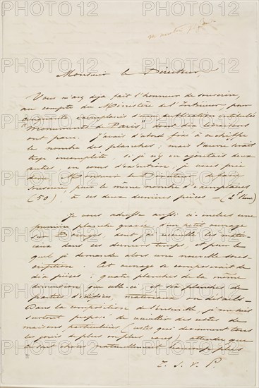 Charles Meryon Autographed Letter, March 24, 1854, Charles Meryon, French, 1821-1868, France, Brown ink on ivory wove paper, folded in half to create four pages, 321 × 428 mm (sheet, opened)
