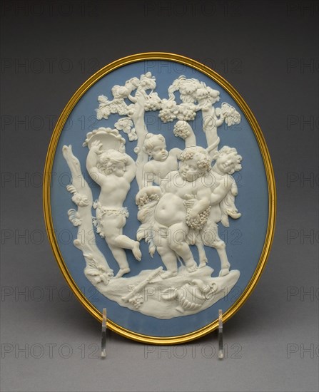 Plaque with Bacchus, Fauns, and Silenus, 1769/80, Wedgwood Manufactory, England, founded 1759, Burslem, Stoneware (jasperware), 23.7 × 19.1 cm (9 5/16 × 7 1/2 in.)