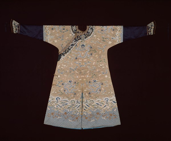 Man’s Jifu (Semiformal Court Robe), Qing dynasty (1644–1911), 1750/75, Manchu, China, Silk and gold-leaf-over-lacquered-paper-strip-wrapped silk, slit tapestry weave with interlaced outlining wefts, painted details, cuffs trimmed with gilt-metal-strip-wrapped linen couched with silk, sleeves, neck trim, and cuff edging: silk, warp-float faced 7:1 satin weave, neck edging, cuff trim, and closures: silk and gold-leaf-over-lacquered-paper-strip-wrapped silk, warp-float faced 7:1 satin weave with plain interlacings of secondary binding warps and supplementary patterning wefts, trimmed with braid of gold-leaf-over-lacquered-paper-strip-wrapped silk, 1:1 oblique interlacing with triple elements, lined with silk, 4:1 satin damask weave, cuffs lined with silk, warp-float faced 7:1 satin weave, metal buttons, 149 × 211 cm (58 5/8 × 83 in.)