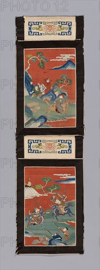 Panel (For a Screen), Qing dynasty (1644–1911), 1875/1900, China, Panels: Silk, gold-leaf-over-lacquered-paper-wrapped silk, slit tapestry weave with extended weft and interlaced outlining wefts, painted, borders: silk and cotton, warp-float faced 5:1 satin weave, inner and outer edges: silk, warp-float faced 4:1 satin weave, lining: cotton, plain weave, 93 × 26.7 cm (36 5/8 × 10 1/2 in.)