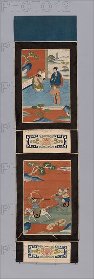 Panel (For a Screen), Qing dynasty (1644–1911), 1875/1900, China, Silk, gold-leaf-over-lacquered-paper-wrapped silk, slit tapestry weave with extended weft and interlaced outlining wefts, painted, borders: silk and cotton, warp-float faced 5:1 satin weave, inner and outer edges: silk, warp-float faced 4:1 satin weave, lining: cotton, plain weave, 103.8 × 26.7 cm (40 7/8 × 10 1/2 in.)