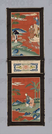 Panel (For a Screen), Qing dynasty (1644–1911), 1875/1900, China, Silk, gold-leaf-over-lacquered-paper-wrapped silk, slit tapestry weave with extended weft and interlaced outlining wefts, painted, borders: silk and cotton, warp-float faced 5:1 satin weave, inner and outer edges: silk, warp-float faced 4:1 satin weave, lining: cotton, plain weave, 83.6 × 26.7 cm (32 7/8 × 10 1/2 in.)