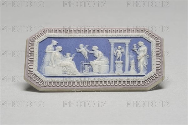 The Cupid Seller, c. 1783, Wedgwood Manufactory, England, founded 1759, Etruria, Staffordshire, England, Burslem, Stoneware (jasperware), 3.3 × 6.4 × 0.4 cm (1 5/16 × 2 1/2 × 1/8 in.)