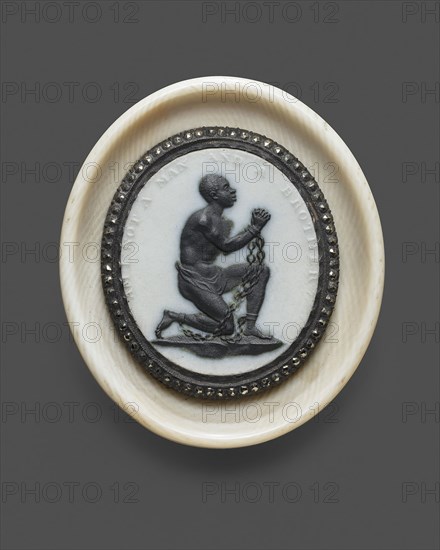 Anti-Slavery Medallion, 1787, Wedgwood Manufactory, England, founded 1759, Modeled by William Hackwood, English, c. 1753–1836, Etruria, Staffordshire, England, Burslem, Stoneware (jasperware and black basalt), cut steel, and ivory, 5.2 × 4.1 × 0.64 cm (2 1/16 × 1 5/8 × 1/4 in.)