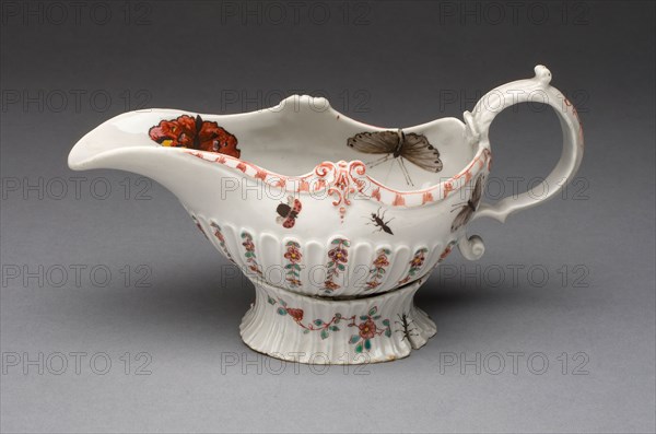 Sauceboat, c. 1755, Vauxhall Porcelain Factory, English, 1751-1764, Lambeth, Soft-paste porcelain, polychrome enamels, 11.1 x 21.6 x 8.6 cm (4 3/8 x 8 1/2 x 3 3/8 in.)