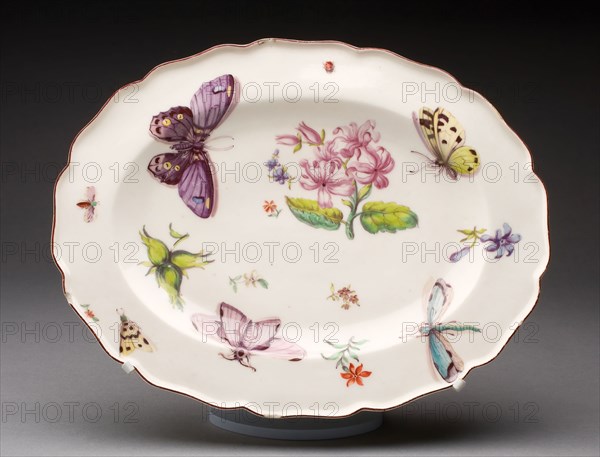 Dish, c. 1750, Chelsea Porcelain Manufactory, London, England, c. 1745-1784, Chelsea, Soft-paste porcelain, polychrome enamels, 2.5 × 28.7 × 23 cm (1 × 11 5/16 × 9 1/16 in.)