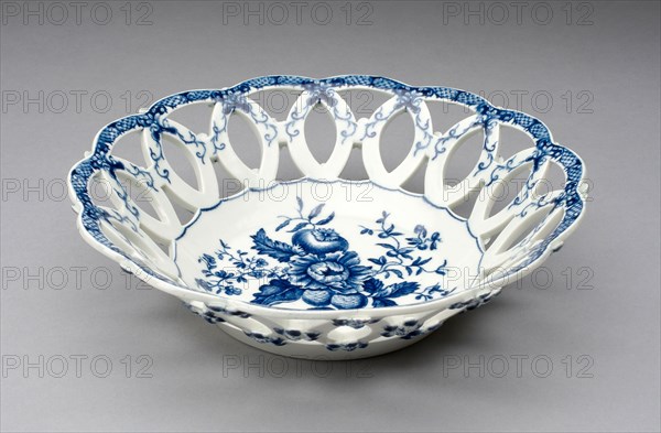 Basket, c. 1770, Worcester Porcelain Factory, Worcester, England, founded 1751, Worcester, Soft-paste porcelain with underglaze blue decoration, H. 5.8 cm (2 1/4 in.), diam. 21.3 cm (8 3/8 in.), Fragment, c. 1840, England, 63.5 × 38.7 cm (25 × 15 1/4 in.)