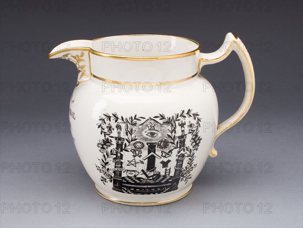 Jug with Masonic Iconography, 1824, Manufacturer: Spode Pottery & Porcelain Factory, English, founded 1776, Stoke on Trent, Earthenware with transfer-printed decoration and gilding, 15.2 x 13.3 cm (6 x 5 1/4 in.)