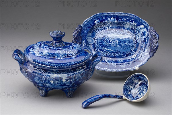 Tureen with Stand and Ladle, Mid 19th century, England, Staffordshire, Staffordshire, Earthenware with blue transfer-printed decoration, 20.6 x 15.2 cm (8 1/8 x 6 in.)