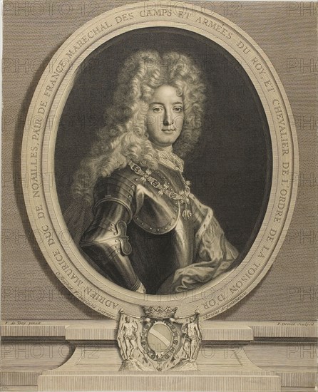 Portrait of Adrien-Maurice, Duke of Noailles, 1721, printed posthumously after 1780, Pierre Drevet (French, 1663-1738), after François de Troy (French, 1645-1730), France, Engraving on tan wove paper, 445 × 360 mm (image/sheet, cut within plate)