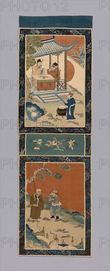 Panel (For a Screen), Qing dynasty (1644–1911), 1875/1900, China, Silk and gold-leaf-over-lacquered-paper-strip-wrapped silk, slit tapestry weaves, painted details, border: silk, warp-float faced 7:1 satin weave with supplementary patterning wefts, inner and outer edges: silk, warp-float faced 4:1 satin weave, lined with linen, plain weave, 83.8 × 25.7 cm (33 × 10 1/8 in.)