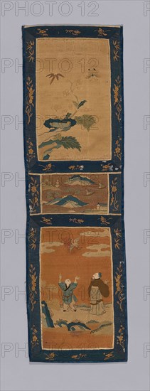 Panel (For a Screen), Qing dynasty (1644–1911), 1875/1900, China, Panels: Silk, gold-leaf-over-lacquered-paper-strip-wrapped silk, slit tapestry weave, painted, border: silk, gold-leaf-over-lacquered-paper-strip-wrapped silk, slit tapestry weave, inner edging: silk, 4:1 warp-float faced satin weave, outer edging: silk, 7:1 warp-float faced satin weave, lined: cotton, plain weave, 78.7 × 23.4 (31 × 9 1/4 in.)