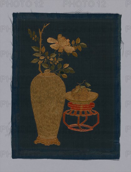 Panel (Furnishing Fabric), Kangxi Period, Qing dynasty (1644–1911), 1800/50, China, One of four panels. Of dark green satin embroidered in colored silks. Has two panels of figures and one of flowers. Borders of modern red cloth with design of fret in couched gold cord., 25.9 × 19.2 cm (10 1/4 × 7 5/8 in.)