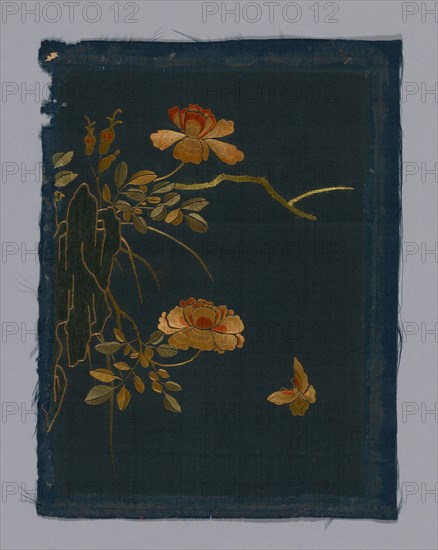 Panel (Furnishing Fabric), Kangxi Period, Qing dynasty (1644–1911), 1800/50, China, One of four panels. Of dark green satin embroidered in colored silks. Has two panels of figures and one of flowers. Border of modern red cloth with design of fret in couched gold cord., 25.7 × 19.4 cm (10 1/8 × 7 5/8 in.)