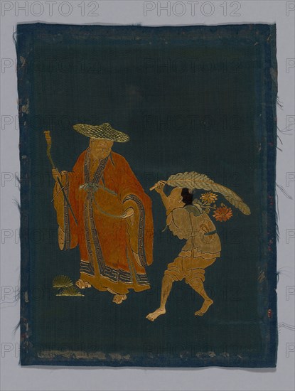 Panel (Furnishing Fabric), Kangxi Period, Qing dynasty (1644–1911), 1800/50, China, One of four panels. Of dark green satin embroidered in colored silks. Has two panels of figures and one of flowers. Border of modern red cloth with design of fret in couched gold cord., 25.7 × 19.4 cm (10 1/8 × 7 5/8 in.)