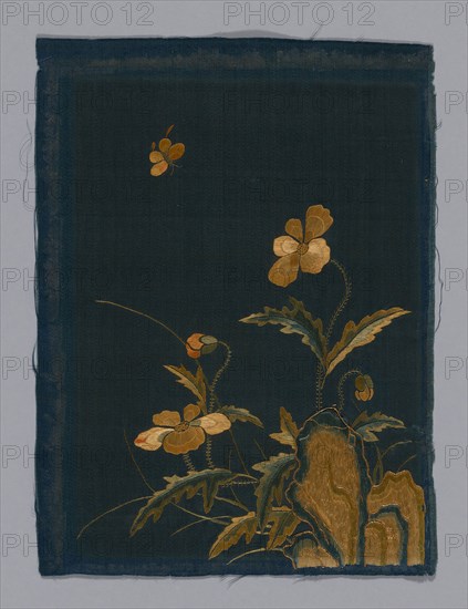 Panel (Furnishing Fabric), Kangxi Period, Qing dynasty (1644–1911), 1800/50, China, One of four panels. Of dark green satin embroidered in colored silks. Has two panels of figures and one of flowers. Borders of modern red cloth with design of fret in couched gold cord., 25.9 × 19.2 cm (10 1/8 × 7 1/2 in.)