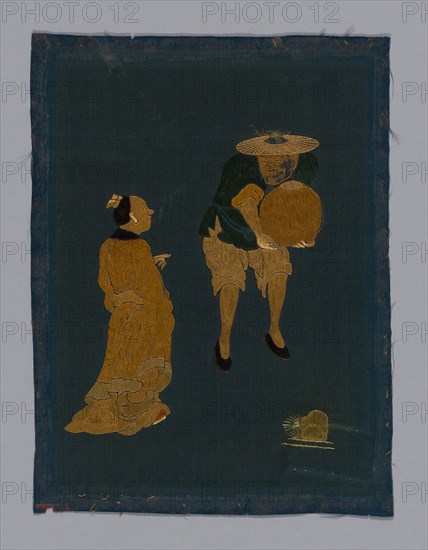Panel (Furnishing fabric), Kangxi Period, Qing dynasty (1644–1911), 1800/50, China, One of four panels. Of dark green satin embroidered in colored silks. Has two panels of figures and one of flowers. Borders of modern red cloth with design of fret in couched gold cord., 25.6 × 19.2 cm (10 1/8 × 7 1/2 in.)