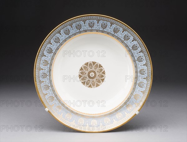 Plate, 1839, Sèvres Porcelain Manufactory, French, founded 1740, Sèvres, Hard-paste porcelain with light blue border and gilded decoration, 4.5 x 24.5 cm (1 3/4 x 9 5/8 in.)