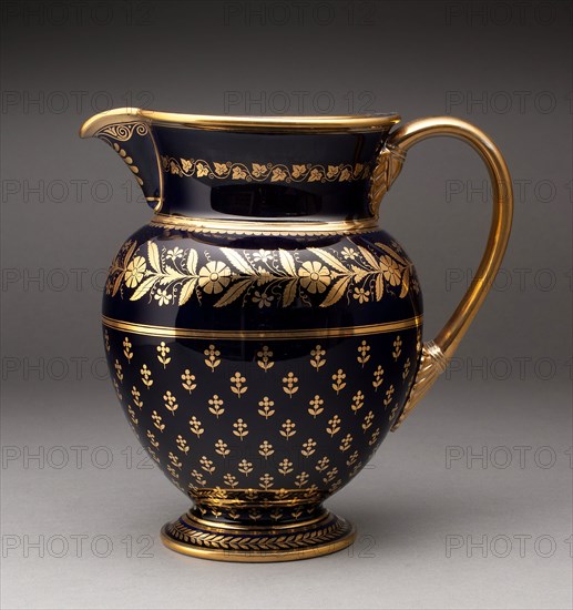 Pitcher, 1833, Sèvres Porcelain Manufactory, French, founded 1740, Sèvres, Hard-paste porcelain with dark blue ground and gilding, 21.3 x 21.3 cm (8 3/8 x 8 3/8 in.)