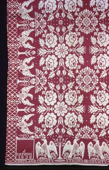 Coverlet, 1838, Jacob Impson (American, c. 1802, 1869), United States, New York, Cortland County, Groton, New York, Cotton and wool, plain weave double cloth, woven on loom with Jacquard attachment, 231.5 x 206 cm (91 x 81 in.)