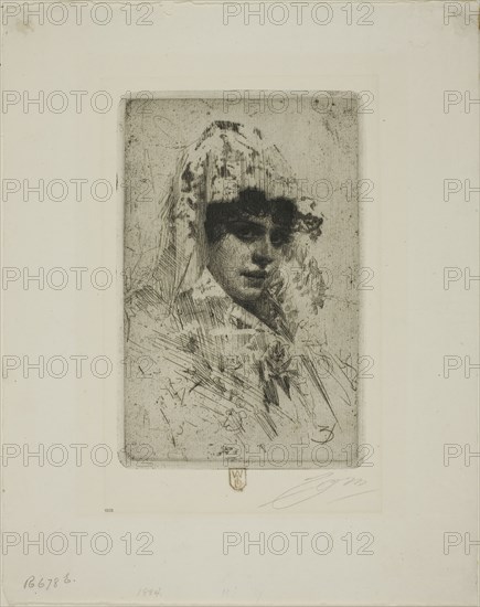 Spanish Woman, 1884, Anders Zorn, Swedish, 1860-1920, Sweden, Etching on off-white laid paper, 174 x 112 mm (image), 181 x 120 mm (plate), 289 x 229 mm (sheet)