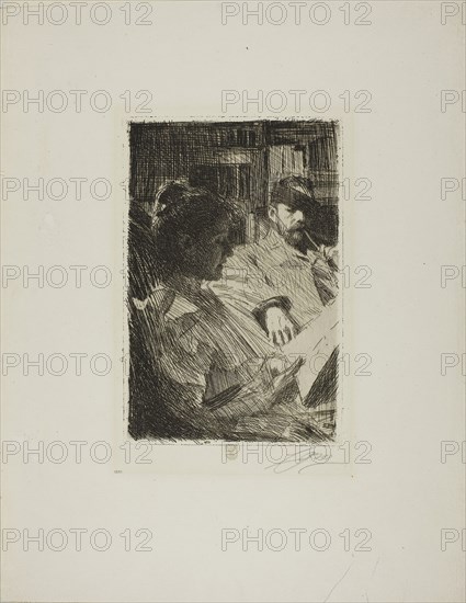 Reading (Mr. and Mrs. Ch. Deering), 1893, Anders Zorn, Swedish, 1860-1920, Sweden, Etching on ivory laid paper, 230 x 150 mm (image), 235 x 157 mm (plate), 432 x 337 mm (sheet)