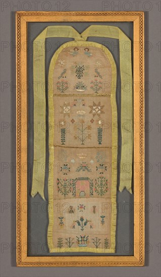 Sampler, 1799, Worked by Elizabeth Dudley (English, active c. 1799), England, Linen, plain weave, embroidered with silk in cross, satin, algerian eye or star stitches, detached buttonhole insertions, 24.2 × 7.8 cm (9 1/2 × 3 in.)