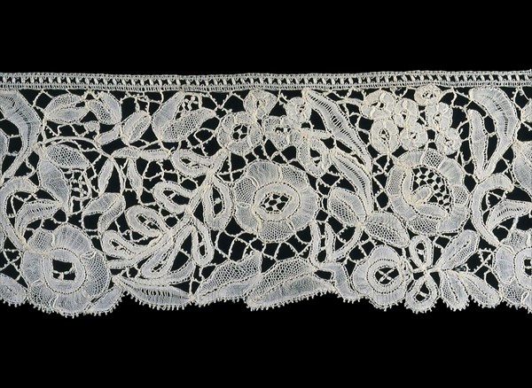 Border (Fragment), 1850/75, Belgium, Belgium, Cotton and linen, bobbin part lace of a type known as "Duchesse de Bruges