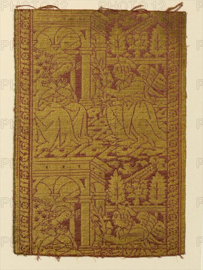 Fragment (From an Orphrey Band), 15th century, Italy, Silk, warp-float faced 4:1 satin weave with weft-float faced 1:3 'Z' twill interlacings of secondary binding warps and supplementary patterning wefts, b: 33.3 x 23.3 cm (13 1/8 x 9 1/4 in.)