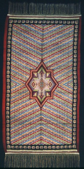 Serape (Interpretation of Mexican Saltillo Serape), 1875/1900, Germany or Czechoslovakia, Germany, Cotton and wool, plain weave, painted, attached knotted fringe, 222.8 x 122 cm (87 7/8 x 48 in.)