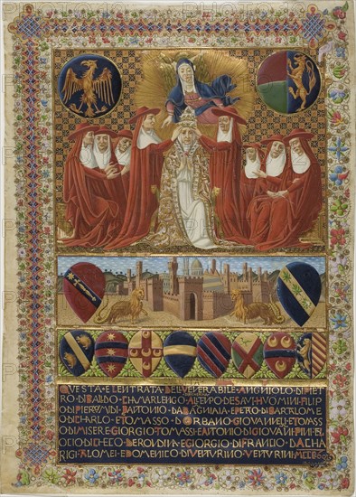 Pope Pius II, frontispiece to a Constitution of the Sienese Church of the Year 1464, 1464, possibly 19th century copy, Italian (Siena), after Vecchietta (Lorenzo di Pietro di Giovanni) (Italian, 1410-1480), Italy, Manuscript cutting in tempera and gold leaf on parchment, 310 x 223 mm