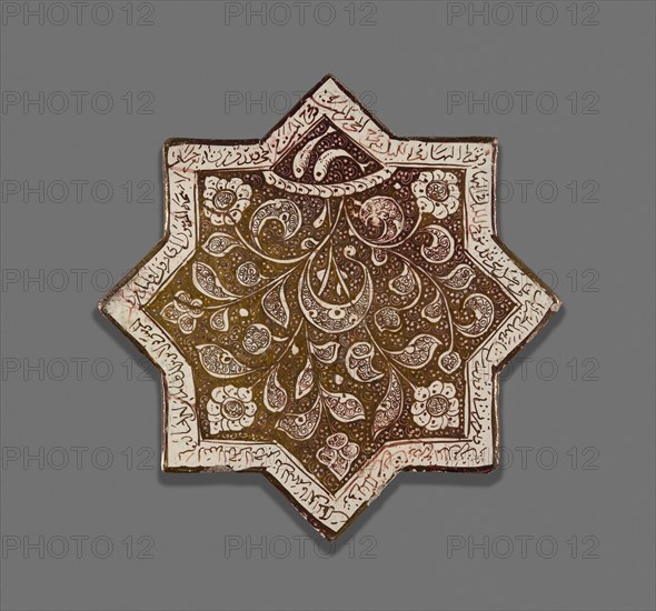 Star-Shaped Tile, Ilkhanid dynasty (1256–1353), 13th century, dated c.1262, Iran, Kashan, Iran, Fritware painted in lustre over an opaque white glaze, 31.6 × 31.3 × 1.3 cm (12 7/16 × 12 5/16 × 1/2 in.)