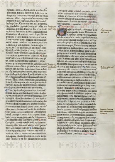 Folio Four from Burchard of Sion’s De locis ac mirabilibus mundi, or an Illuminated Geography, c. 1460, French (Paris), written by Burchard of Mount Sion (German, active 13th century), France, Folio from a partial manuscript with decorated letters and other decorations in tempera and gold leaf, and with Latin inscriptions in black and brown ink, ruled in light brown ink, on vellum, 500 × 390 mm (average)