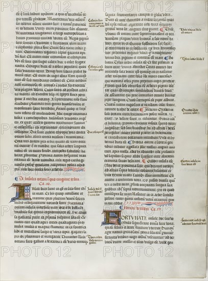Folio Five from Burchard of Sion’s De locis ac mirabilibus mundi, or an Illuminated Geography, c. 1460, French (Paris), written by Burchard of Mount Sion (German, active 13th century), France, Folio from a partial manuscript with decorated letters and other decorations in tempera and gold leaf, and with Latin inscriptions in black and brown ink, ruled in light brown ink, on vellum, 500 × 390 mm (average)