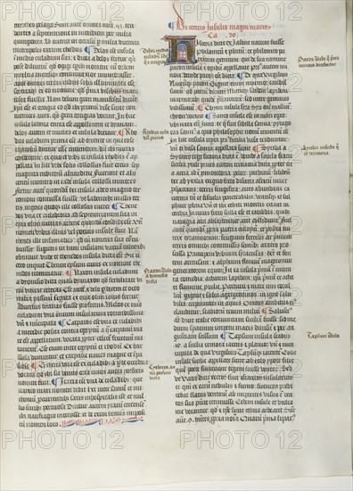 Folio Six from Burchard of Sion’s De locis ac mirabilibus mundi, or an Illuminated Geography, c. 1460, French (Paris), written by Burchard of Mount Sion (German, active 13th century), France, Folio from a partial manuscript with decorated letters and other decorations in tempera and gold leaf, and with Latin inscriptions in black and brown ink, ruled in light brown ink, on vellum, 500 × 390 mm (average)