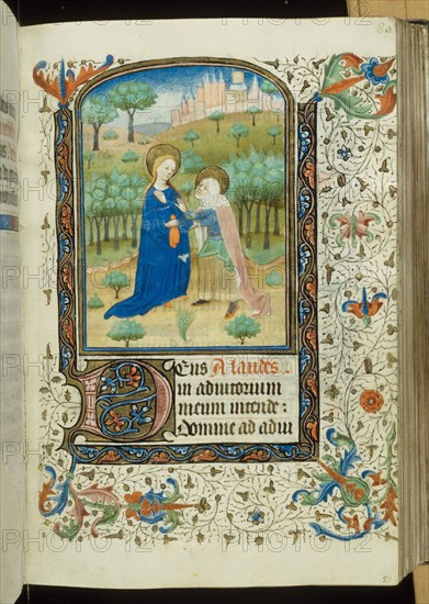 The Annunciation, from a Book of Hours, 1440/45, Workshop of the Master of the Privileges of Ghent and Flanders, Flanders (Ghent or Tournai), Flanders, Manuscript with 230 folios, 12 full-page miniatures and other decorations in gold leaf, tempera and colored inks, and littera textualis inscriptions in Latin and French in dark black ink, ruled in red with red rubrics, on parchment, with two parchment fly leaves upper cover, three parchment fly leaves lower cover, sheets with gilded edges, in modern binding of brown morocco leather over wooden boards, 190 × 135 mm (book), 115 × 100 mm (sheets), Book of Hours, 1480 (17th century binding), French (Bourges), possibly by Jean Colombe (French, flourished 1463-1498), France, Manuscript with 195 folios, 48 full-page miniatures and other decorations in tempera, gold leaf, and black, blue and red ink, with littera textualis inscriptions in Latin and French in light black ink, ruled in red ink, on parchment, bound in dark brown leather, with gold...