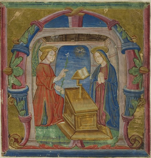 The Annunciation in a Historiated Initial M from an Antiphonary, 15th century, Italian (Lombardy), Italy, Manuscript cutting in tempera and gold leaf on parchment, with gothica textura inscriptions in brown black ink, verso, 156 x 151 mm