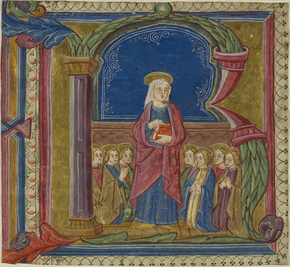 The Virgin Adored by Saints in a Historiated Initial R from an Antiphonary, 15th century, Italian (Lombardy), Italy, Manuscript cutting in tempera and gold leaf on parchment, with gothica textura inscriptions in brownish-black, verso, 160 x 174 mm