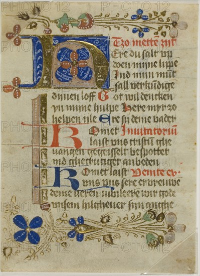 Illuminated Initial H from a Prayerbook, 15th century, Northern German (possibly Munster), Germany, Manuscript cutting in tempera and gold leaf, with Plattdeutsch inscriptions in light brown, red and blue inks, on parchment, 120 x 88 mm