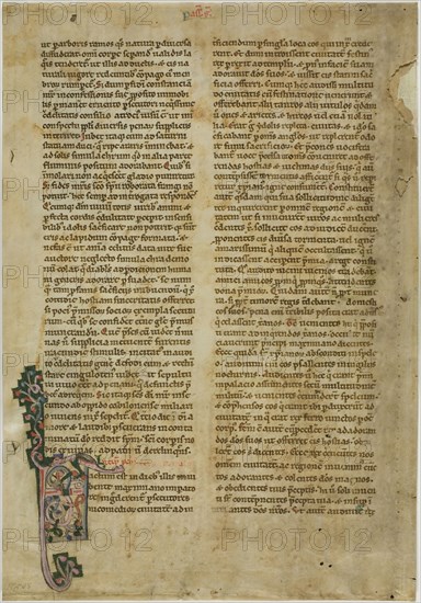 Bifolia from a Vita Sanctorum, or Lives of the Saints, c. 1150, Italian (Tuscany), Italy, Manuscript cutting with tempera decorations and gothica textualis primitiva inscriptions in brownish-black ink, on parchment, 325 x 224 mm (sheet, folded)