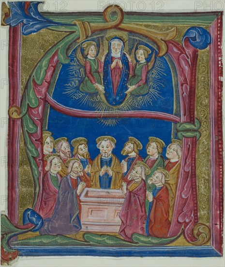 The Assumption of the Virgin in a Historiated Initial A from an Antiphonary, 15th century, Italian (Lombardy), Italy, Manuscript cutting in tempera and gold leaf on parchment, with gothica textura inscriptions in brownish-black ink, ruled in red, verso, 158 x 134 mm