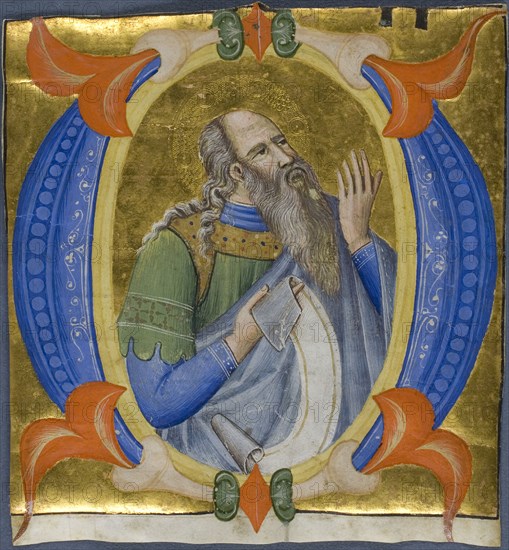 Prophet in a Historiated Initial O from a Gradual, 1392/99, Don Silvestro dei Gherarducci, Italian (Florence), 1339-1399, Italy, Manuscript cutting in tempera and gold leaf, with incising, on vellum, 150 x 140 mm