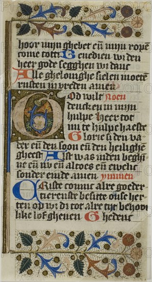 Illuminated Initial G from a Prayerbook, 15th century, Dutch, Netherlands, Manuscript cutting in tempera and gold leaf, with Dutch inscriptions in black and red inks, ruled in black, on parchment, 140 x 74 mm