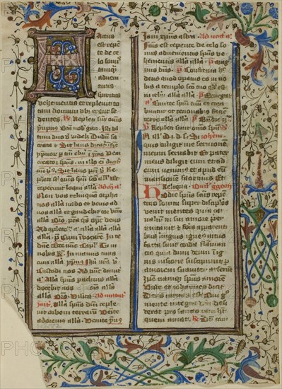 Illuminated Initial H from a Psalter or Breviary, c. 1450s, German or Southern Netherlandish (Bruges), Germany, Manuscript cutting in tempera and gold leaf, with Latin inscriptions in brown and red ink, unruled, on vellum, 135 x 98 mm