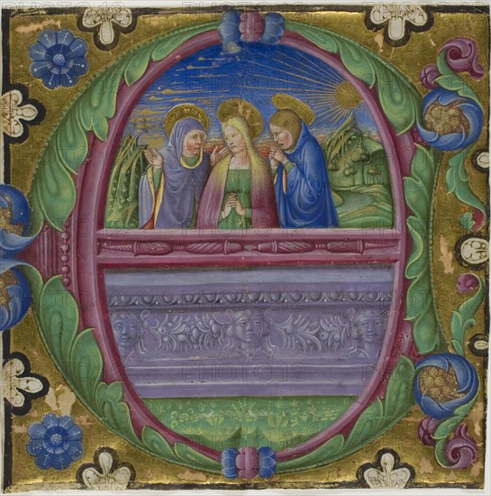 The Three Marys at the Tomb in a Historiated Initial E from a Choirbook, 1470/80, Italian (Ferrara), Italy, Manuscript cutting in tempera and gold leaf, with gothica textualis inscriptions in black and ruled in blue, verso, on parchment, 161 x 163 mm