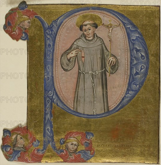 Saint Francis in a Historiated Initial P, 1375/99, Italian, Italy, Manuscript cutting in tempera and gold leaf, with incising, on vellum, with inscriptions in black or brown-black ink, verso, 136 x 134 mm